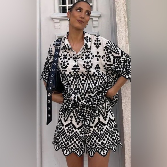 ZARA  2 PIECE SET BLOGGERS' FAVORITE CONTRAST EMBROIDERED SHIRT &  SHORTS - threedaughtersproperties.com